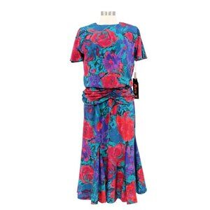 NWT Vintage 80s Act I Green Red Novelty Print Satin Peplum Midi Dress Size S